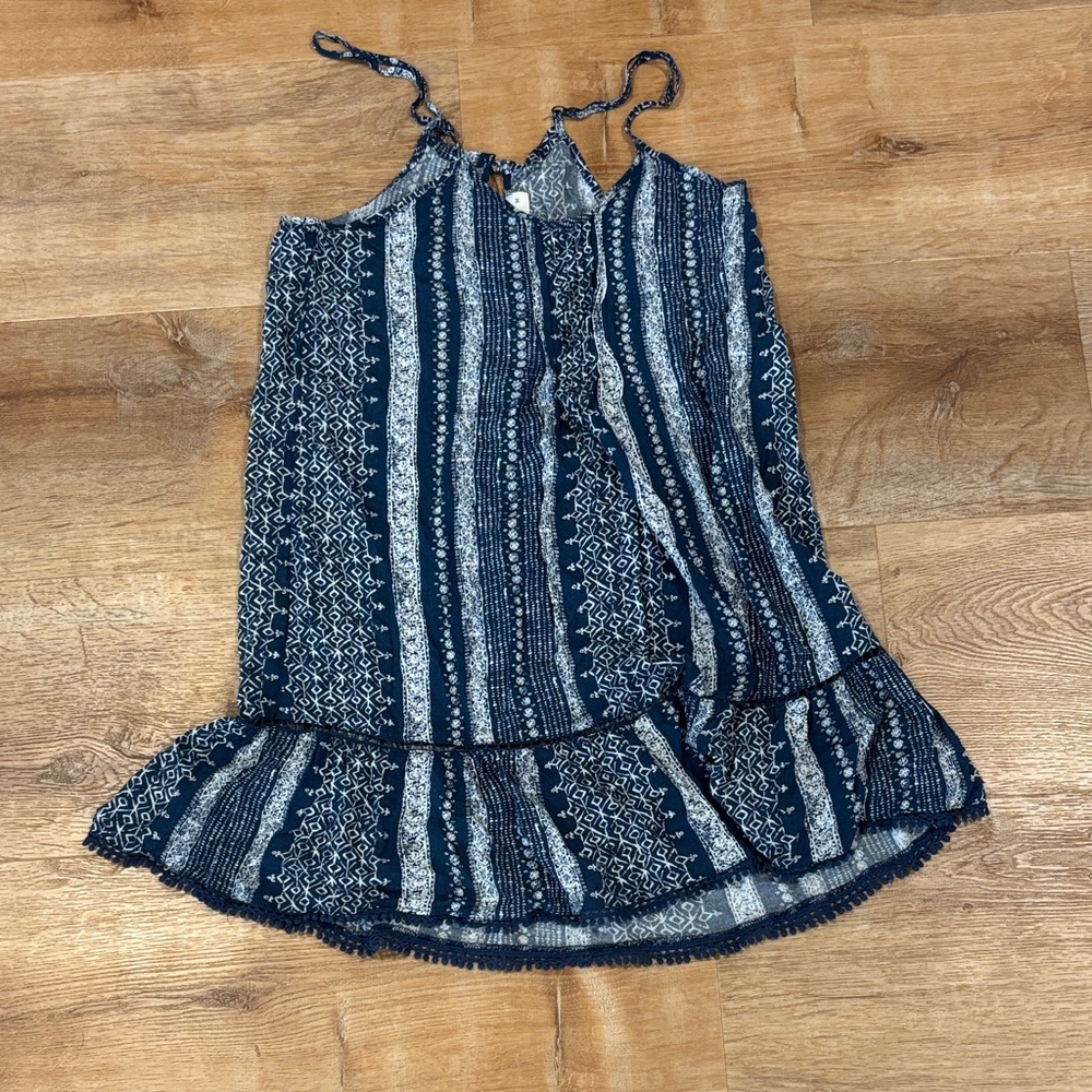 Navy Blue Patterned Spaghetti Strap Ruffle Hem Beach Dress